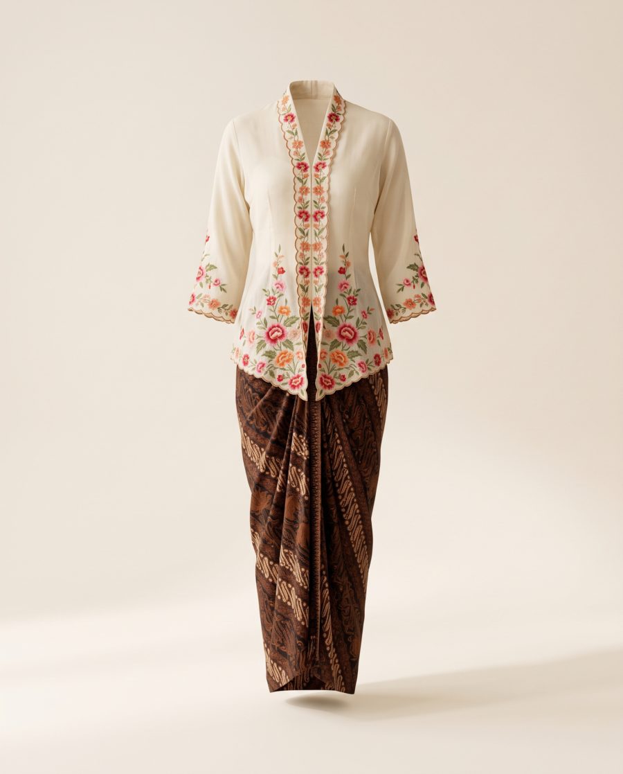 Kebaya encim krem berbordir bunga dengan kain batik